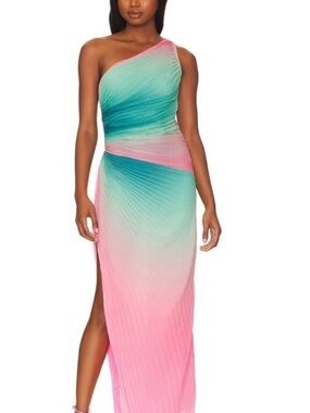 Rococo Sand Ombre One-Shoulder Pink & Teal Pleated Maxi Dress with Slit - Small
